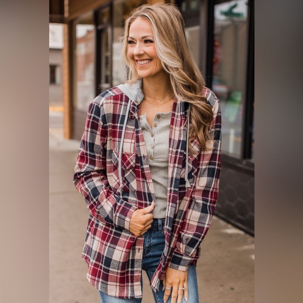 New PS Love Stay With Me Hooded Plaid Top- Taupe, Navy & Cranberry shacket large